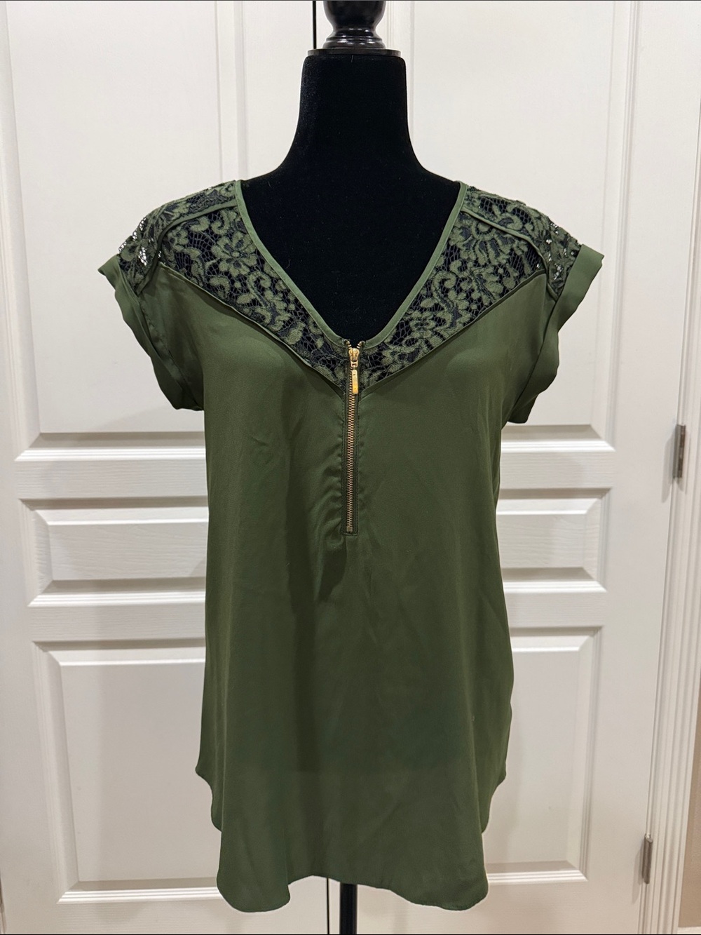 Express Olive Lace Yoke Zip Front Blouse